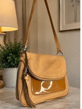 Aimee Kestenberg Tan Nubuck Leather Flap Hobo Crossbody Shoulder Bag